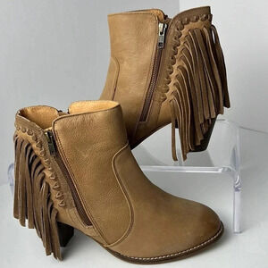 Sole Diva Fringe Leather Boho Western Ankle Booties Zip Stacked Heel Size 10